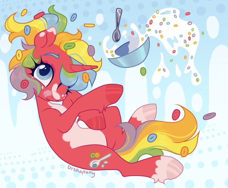 Size: 2301x1900 | Tagged: safe, artist:bishopony, derpibooru import, oc, unofficial characters only, earth pony, pony, abstract background, blaze (coat marking), bowl, cereal, coat markings, facial markings, female, food, freckles, froot loops, high res, image, looking at you, mare, milk, multicolored hair, one eye closed, pale belly, png, rainbow hair, smiling, smiling at you, solo, spoon, tongue out