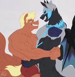 Size: 1901x1938 | Tagged: safe, artist:ponyanony, derpibooru import, oc, oc:flex, unofficial characters only, anthro, pegasus, pony, unguligrade anthro, abs, anthro oc, biceps, deltoids, hug, image, male, male nipples, muscles, muscular male, nipples, nudity, pecs, pegasus oc, png, squeeze, stallion, wings