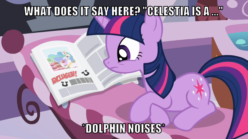 Size: 992x557 | Tagged: safe, derpibooru import, edit, edited screencap, editor:twi clown, screencap, princess celestia, twilight sparkle, pony, unicorn, ponyville confidential, caption, female, image, image macro, mare, newspaper, png, reference, sailor mouth, spongebob reference, spongebob squarepants, text, unicorn twilight