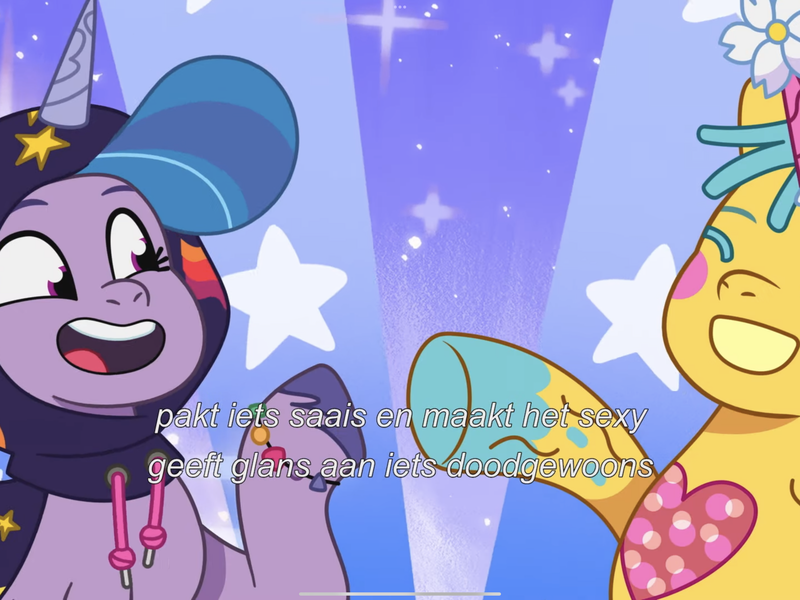 Size: 2732x2048 | Tagged: safe, derpibooru import, screencap, pony, unicorn, g5, my little pony: tell your tale, spoiler:g5, spoiler:my little pony: tell your tale, spoiler:tyts01e34, dutch, hasbro hates dubbing songs, hasbro is not dubbing songs, image, png, sexy, sneaksy strikes again, subtitles