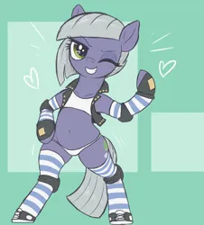 Size: 2200x2430 | Tagged: safe, artist:t72b, derpibooru import, limestone pie, earth pony, pony, bipedal, blushing, clothes, converse, female, flexing, grin, hoof on hip, image, knee pads, mare, one eye closed, outfit, panties, png, shoes, simple background, smiling, socks, solo, striped socks, underwear, vest, wink