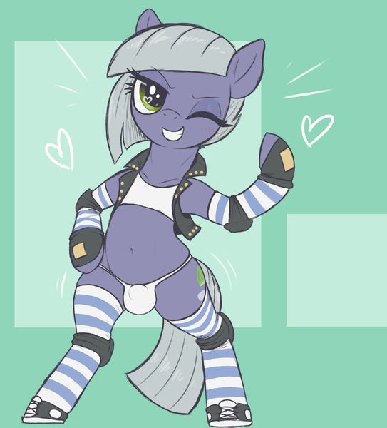 Size: 2200x2430 | Tagged: suggestive, alternate version, artist:t72b, derpibooru import, limestone pie, earth pony, pony, bipedal, blushing, clothes, converse, crotch bulge, flexing, futa, futa limestone pie, grin, hoof on hip, image, intersex, knee pads, one eye closed, outfit, panties, png, shoes, simple background, smiling, socks, solo, striped socks, underwear, vest, wink