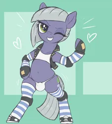 Size: 2200x2430 | Tagged: suggestive, alternate version, artist:t72b, derpibooru import, limestone pie, earth pony, pony, bipedal, blushing, clothes, converse, crotch bulge, flexing, futa, futa limestone pie, grin, hoof on hip, image, intersex, knee pads, one eye closed, outfit, panties, png, shoes, simple background, smiling, socks, solo, striped socks, underwear, vest, wink