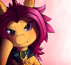 Size: 600x550 | Tagged: safe, artist:serendipity-kitty, derpibooru import, scootaloo, pegasus, pony, chest fluff, collar, female, gradient background, hoof on cheek, image, lesboloo, lidded eyes, looking at you, png, signature, smiling, solo