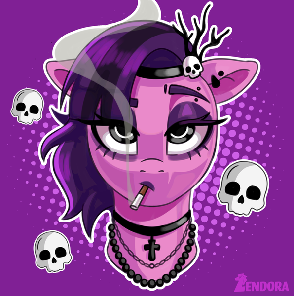 Size: 1974x1988 | Tagged: safe, artist:zendora, derpibooru import, pipp petals, pony, g5, alternate hairstyle, bust, cigar, cigarette, crucifix, ear piercing, earring, eyebrows, female, goth pipp, image, jewelry, lidded eyes, mare, necklace, piercing, png, skull, smoking, solo