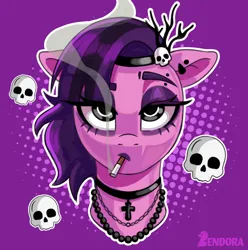 Size: 1974x1988 | Tagged: safe, artist:zendora, derpibooru import, pipp petals, pony, g5, alternate hairstyle, bust, cigar, cigarette, crucifix, ear piercing, earring, eyebrows, female, goth pipp, image, jewelry, lidded eyes, mare, necklace, piercing, png, skull, smoking, solo