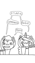 Size: 640x1136 | Tagged: safe, artist:lekonar13, derpibooru import, izzy moonbow, sunny starscout, earth pony, unicorn, g5, barbenheimer, barbie (film), cinema, food, image, jpeg, monochrome, oppenheimer, popcorn