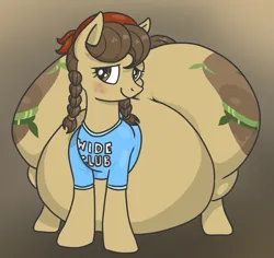 Size: 1025x966 | Tagged: suggestive, artist:stormc12, derpibooru import, oc, oc:desiree, unofficial characters only, earth pony, pony, bad anatomy, belly, big belly, both cutie marks, butt, clothes, earth pony oc, fat, female, freckles, huge belly, huge butt, image, impossibly large butt, large butt, mare, obese, png, shirt, smiling, solo, t-shirt, wide club