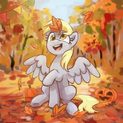 Size: 1418x1418 | Tagged: safe, artist:aanotherpony, derpibooru import, derpy hooves, pegasus, pony, autumn, commission, female, forest, halloween, holiday, image, jack-o-lantern, jpeg, leaves, mare, open mouth, open smile, pumpkin, scenery, sitting, smiling, spread wings, tree, wings