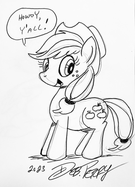 Size: 1917x2661 | Tagged: safe, artist:debmervin, derpibooru import, applejack, earth pony, black and white, grayscale, hat, image, jpeg, monochrome, traditional art, word bubble