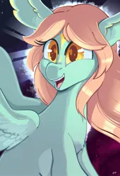 Size: 1390x2048 | Tagged: safe, artist:storyteller, derpibooru import, oc, oc:searchlight, unofficial characters only, pegasus, pony, chest fluff, colored pupils, female, image, jpeg, mare, open mouth, open smile, smiling, solo, wing ears, wings