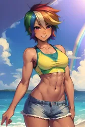 Size: 1024x1536 | Tagged: suggestive, derpibooru import, editor:sammykun, machine learning generated, stable diffusion, rainbow dash, human, abs, ai content, beach, breasts, clothes, cloud, dark skin, denim, denim shorts, female, fetish, humanized, image, jpeg, looking at you, midriff, muscle fetish, muscles, muscular female, ocean, prompter:sammykun, rainbow, reasonably sized breasts, sexy, shorts, sky, smiling, smiling at you, solo, tan skin, tanktop, tanned, thighs, water