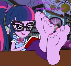 Size: 2757x2564 | Tagged: safe, artist:zeekthatgeek, derpibooru import, sci-twi, twilight sparkle, human, equestria girls, bedroom, book, clothes, feet, feet on table, feet up, female, fetish, foot fetish, foot focus, glasses, image, looking at you, nail polish, png, soles, solo, solo female, toenail polish, toes