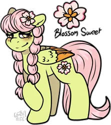 Size: 1650x1855 | Tagged: safe, artist:sexygoatgod, derpibooru import, oc, oc:blossom sweet, unofficial characters only, pegasus, adoptable, female, image, magical lesbian spawn, offspring, parent:fluttershy, parent:granny smith, parents:grannyshy, png, simple background, solo, transparent background