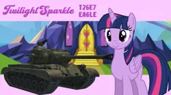 Size: 3485x1936 | Tagged: safe, anonymous artist, artist:edy_january, derpibooru import, edit, twilight sparkle, twilight sparkle (alicorn), alicorn, pony, image, m26 pershing, png, purple background, simple background, t26e7 eagle, tank (vehicle), twilight's castle, vector used, vehicle, wallpaper, world of tanks, world of tanks blitz