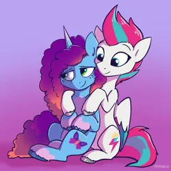 Size: 2048x2048 | Tagged: safe, artist:pfeffaroo, derpibooru import, zipp storm, pegasus, pony, unicorn, g5, cornrows, dawnstorm, female, gradient background, gradient mane, hug, image, jpeg, lesbian, misty brightdawn, rebirth misty, shipping