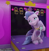 Size: 197x202 | Tagged: safe, derpibooru import, screencap, queen haven, pegasus, pony, g5, my little pony: make your mark, my little pony: make your mark chapter 2, animated, duo, duo female, female, gif, guardsmare, image, mane melody (location), mare, microphone, pegasus royal guard, portrait of a princess, queen, royal guard, smiling, zoom zephyrwing