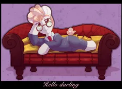 Size: 1280x933 | Tagged: safe, artist:auroracursed, derpibooru import, svengallop, earth pony, pony, bedroom eyes, clothes, couch, glasses, hoof on head, image, jpeg, male, necktie, reclining, solo, stallion, stupid sexy svengallop, sultry pose