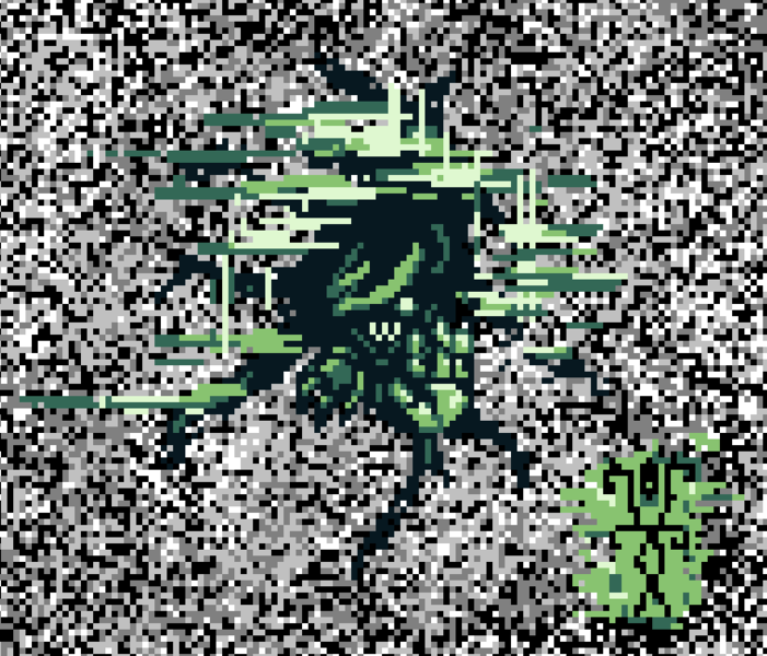 Size: 749x641 | Tagged: safe, artist:damset, derpibooru import, oc, oc:da-mset, changeling, insect, error, glitch, image, looking at you, monochrome, ms paint, one eye, pixel art, png, white noise