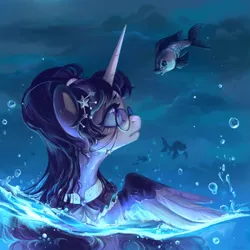 Size: 2048x2048 | Tagged: safe, artist:jewellier, derpibooru import, oc, unofficial characters only, alicorn, fish, pony, accessory, alicorn oc, bubble, female, glasses, glow, horn, image, long hair, long horn, mare, partially submerged, png, solo, standing in water, underwater, water, water droplet, wings