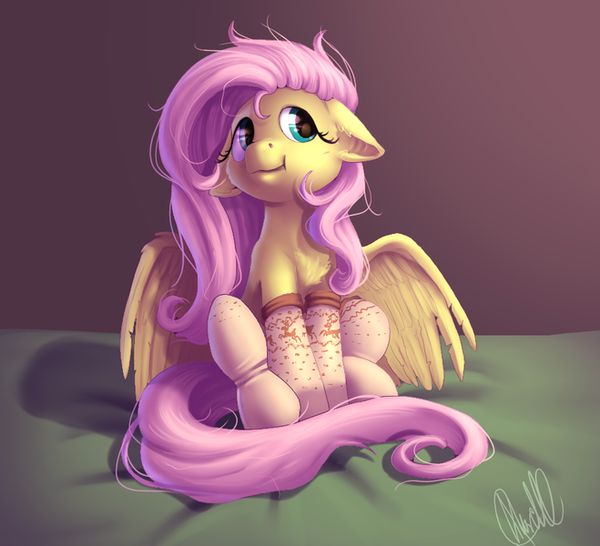 Size: 899x819 | Tagged: safe, artist:aliscik, edit, fluttershy, pegasus, pony, chromatic aberration removal, clothes, cute, female, floppy ears, image, mare, messy mane, png, shyabetes, sitting, socks, solo