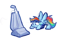 Size: 1409x880 | Tagged: safe, artist:zutcha, derpibooru import, rainbow dash, pegasus, pony, behaving like a cat, colored sketch, female, image, mare, png, scared, simple background, sketch, solo, spread wings, vacuum cleaner, wavy mouth, white background, wings