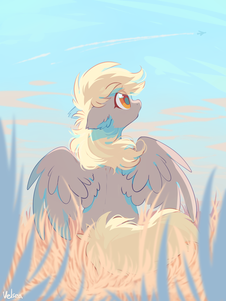 Size: 1500x2000 | Tagged: safe, artist:mirtash, derpibooru import, derpy hooves, pegasus, pony, contrail, cute, derpabetes, ear fluff, female, field, floppy ears, foreground, grass, image, looking up, mare, outdoors, partially open wings, plane, png, rear view, redraw, sitting, sky, solo, wings