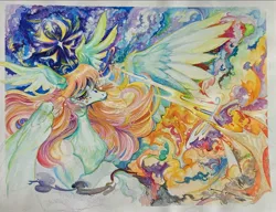 Size: 2048x1573 | Tagged: safe, artist:slimeprnicess, derpibooru import, oc, oc:searchlight, unofficial characters only, pegasus, pony, colored pencil drawing, detailed, female, image, jpeg, lidded eyes, mare, mixed media, solo, traditional art, watercolor painting, wing ears, wings
