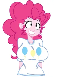 Size: 1294x1742 | Tagged: dead source, safe, artist:reiduran, color edit, derpibooru import, edit, pinkie pie, human, equestria girls, big breasts, breasts, busty pinkie pie, clothes, colored, female, g4, image, png, simple background, smiling, solo, white background