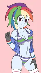 Size: 1086x1920 | Tagged: suggestive, artist:sumin6301, derpibooru import, rainbow dash, equestria girls, bikini, black gloves, blue skin, bra, breasts, busty rainbow dash, chest, clothes, ears, eye, eyes, face, gloves, grin, high res, image, jacket, jpeg, legs, long hair, looking at you, multicolored hair, panties, pink background, purple eyes, rainbow hair, removing, shoulders, simple background, skin, smiling, socks, sports panties, standing, striped bra, striped panties, striped underwear, stupid sexy rainbow dash, swimsuit, taking jacket off, thighs, underwear, white socks, wrist bands