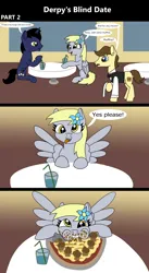 Size: 1920x3516 | Tagged: safe, artist:platinumdrop, derpibooru import, derpy hooves, oc, earth pony, pegasus, pony, unicorn, comic:derpy's blind date, 3 panel comic, blind date, burger, chair, cheese, clothes, comic, commission, crumbs, date, diner, drink, eating, excited, female, flower, flower in hair, food, happy, hay burger, image, looking at you, male, mare, messy eating, muffin, munching, open mouth, pizza, png, restaurant, sauce, sitting, smiling, speech, speech bubble, spread wings, stallion, straw, table, talking, tongue out, uniform, waiter, wings