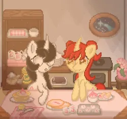 Size: 2048x1920 | Tagged: safe, artist:taoyvfei, derpibooru import, oc, oc:taoyvfei, pony, unicorn, curved horn, flower, food, horn, ice, image, knife, pancakes, pixel art, png, tea, unicorn oc