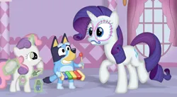 Size: 3549x1944 | Tagged: safe, artist:porygon2z, derpibooru import, rarity, sweetie belle, dog, pony, unicorn, australian cattle dog, belle sisters, bluey, bluey heeler, crossover, female, filly, foal, image, makeover, mare, musical instrument, png, siblings, sisters, trio, trio female, xylophone