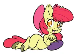Size: 2388x1668 | Tagged: safe, artist:steelsoul, derpibooru import, apple bloom, earth pony, pony, fangs, female, filly, foal, image, lying down, open mouth, pillow, png, simple background, solo, unshorn fetlocks, white background, wingding eyes