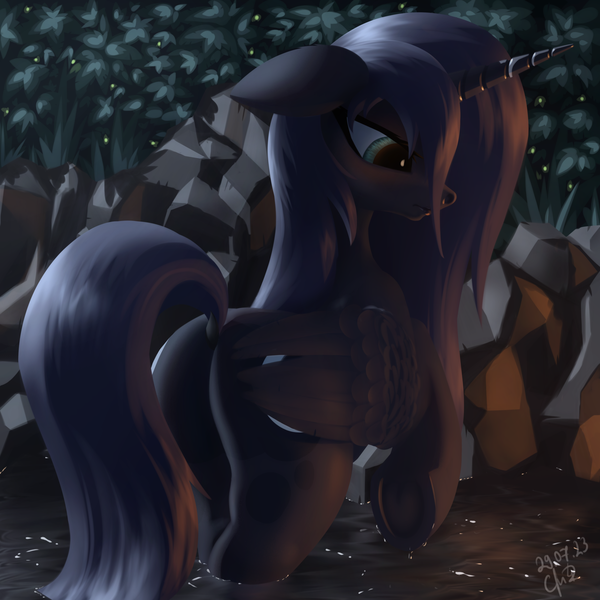Size: 2560x2560 | Tagged: safe, artist:cherrymocaccino, derpibooru import, princess luna, alicorn, pony, bush, butt, dock, female, forest, grass, high res, image, mare, moonbutt, plot, png, pond, scenery, solo, tail, tree, water, wet, wet mane, wings