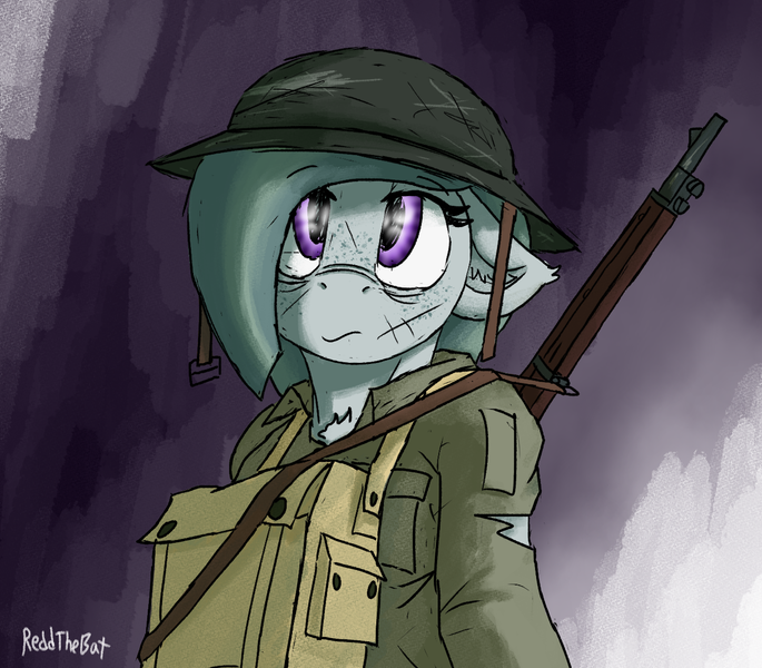Size: 1300x1138 | Tagged: safe, artist:reddthebat, derpibooru import, marble pie, earth pony, pony, clothes, facial scar, female, gun, helmet, image, mare, pack, png, rifle, scar, signature, soldier pony, solo, uniform, weapon