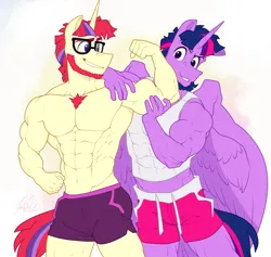 Size: 3235x3072 | Tagged: safe, artist:ponyanony, derpibooru import, moondancer, twilight sparkle, twilight sparkle (alicorn), alicorn, anthro, pony, unicorn, comic:my big ballers, abs, beard, biceps, body hair, buff, chest hair, clothes, duo, duo male, dusk shine, facial hair, flexing, gay, glasses, grope, gym shorts, himbo, himbo dusk shine, himboification, image, lunar waltz, male, muscles, muscular male, muscular stallion, partial nudity, pecs, png, rule 63, stallion, tight clothing, topless, wings