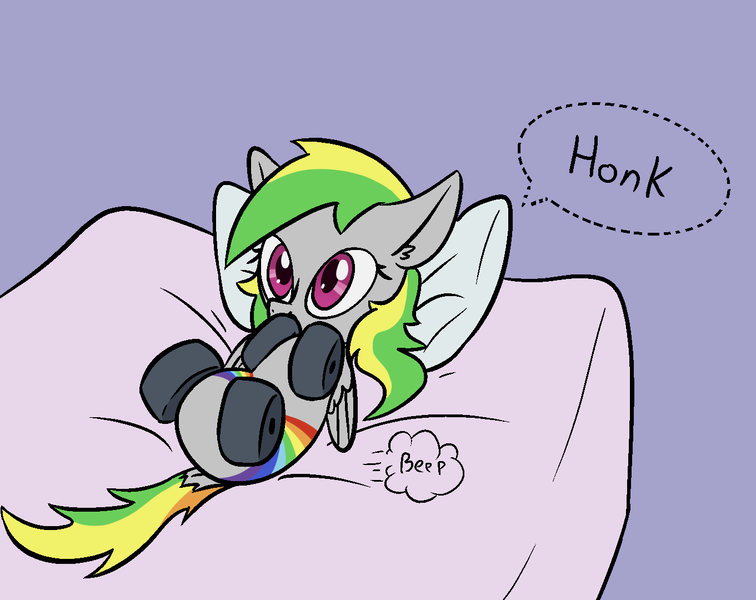 Size: 1361x1080 | Tagged: safe, artist:happy harvey, derpibooru import, oc, oc:wheely bopper, unofficial characters only, original species, pegasus, pony, wheelpone, bed, bed hair, cute, ear fluff, female, floppy ears, image, looking up, lying down, mare, meme, on back, pegasus oc, phone drawing, png, rainbow, what are we gonna do on the bed?, wheel, wings