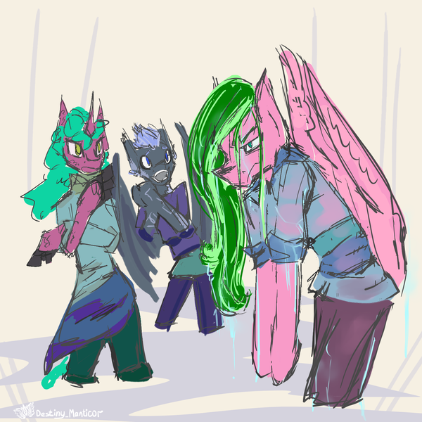 Size: 1500x1500 | Tagged: safe, artist:destiny_manticor, derpibooru import, oc, oc:flumine carcad, oc:rosa caerula, oc:warten samitelas, unofficial characters only, bat pony, pegasus, semi-anthro, unicorn, abstract background, amputee, arm hooves, clothes, digital art, female, fluffy hair, image, looking at someone, male, png, prosthesis, prosthetic limb, prosthetics, sketch, sketch dump, trio, wet