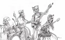 Size: 1700x1050 | Tagged: safe, artist:baron engel, derpibooru import, sweetie belle, oc, anthro, big cat, fox, leopard, robot, skunk, unicorn, bass guitar, big breasts, black and white, breasts, busty oc, cleavage, clothes, drink, drinking straw, drum kit, drums, drumsticks, electric guitar, female, grayscale, guitar, headphones, image, jpeg, keytar, male, midriff, monochrome, musical instrument, non-pony oc, patreon, patreon reward, pencil drawing, simple background, straw, sweetie bot, tanktop, traditional art, white background