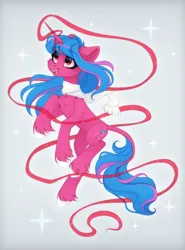 Size: 2500x3379 | Tagged: safe, artist:vird-gi, derpibooru import, oc, oc:echo shade, pony, unicorn, fanfic:song of seven, blue mane, chest fluff, clothes, cutie mark, ear fluff, female, horn, image, jumping, magic, mare, png, ribbon, scarf, simple background, solo, sparkles, two toned mane, unicorn oc
