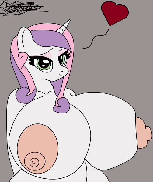 Size: 2270x2707 | Tagged: questionable, artist:dylanozoka18, derpibooru import, sweetie belle, anthro, unicorn, areola, arm behind back, big areola, big breasts, big nipples, breasts, bust, busty sweetie belle, eyelashes, eyeshadow, green eyes, heart, hips, horn, huge areola, huge breasts, huge nipples, image, impossibly large breasts, looking at you, makeup, nipples, nudity, older, older sweetie belle, png, portrait, smiling, smiling at you, snout, solo, two toned hair, unicorn horn