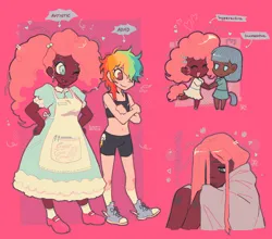 Size: 2016x1772 | Tagged: safe, artist:demonboy, derpibooru import, maud pie, pinkie pie, rainbow dash, human, alternate hairstyle, blackwashing, bra, clothes, crop top bra, dark skin, dreadlocks, dress, hair over one eye, hairclip, humanized, image, light skin, pinkamena diane pie, png, ponytail, shorts, tail, tailed humanization, underwear