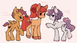 Size: 2048x1158 | Tagged: safe, artist:demonboy, derpibooru import, apple bloom, scootaloo, sweetie belle, clydesdale, earth pony, merpony, pegasus, pony, unicorn, alternate cutie mark, bow, cutie mark crusaders, freckles, hair bow, image, jewelry, necklace, pink background, png, simple background, small wings, trio, wings