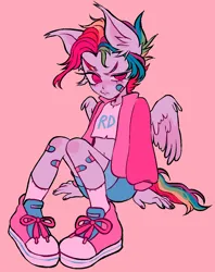Size: 1038x1310 | Tagged: safe, artist:demonboy, derpibooru import, rainbow dash, equestria girls, alternate hairstyle, alternate versions at source, bandaid, bra, clothes, crop top bra, eared humanization, image, jacket, painted nails, png, shoes, shorts, tail, tailed humanization, underwear, winged humanization, wings