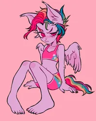 Size: 1038x1310 | Tagged: safe, artist:demonboy, derpibooru import, rainbow dash, equestria girls, alternate hairstyle, alternate versions at source, bandaid, boxers, bra, clothes, crop top bra, eared humanization, image, painted nails, png, tail, tailed humanization, underwear, winged humanization, wings