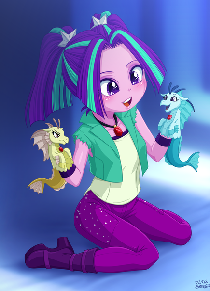 Size: 2500x3450 | Tagged: safe, artist:uotapo, adagio dazzle, aria blaze, sonata dusk, siren, equestria girls, ariabetes, blushing, boots, clothes, cute, denim, female, high res, image, jeans, kneeling, open mouth, pants, png, shirt, shoes, the dazzlings, trio, vest