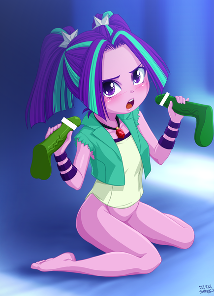 Size: 2500x3450 | Tagged: explicit, artist:uotapo, banned from derpibooru, aria blaze, siren, equestria girls, ariabetes, barefoot, blushing, bottomless, censored, clothes, cute, feet, female, handjob, high res, image, kneeling, lolicon, nudity, open mouth, partial nudity, penis, png, shirt, trio, underage, vest