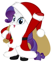 Size: 840x1024 | Tagged: artist needed, safe, derpibooru import, rarity, pony, unicorn, belt, bipedal, boots, christmas, clothes, coat, costume, fake beard, female, gloves, hat, holiday, horn, image, looking at you, mare, open mouth, png, sack, santa beard, santa claus, santa costume, santa hat, santa sack, shoes, simple background, solo, standing, transparent background, vector