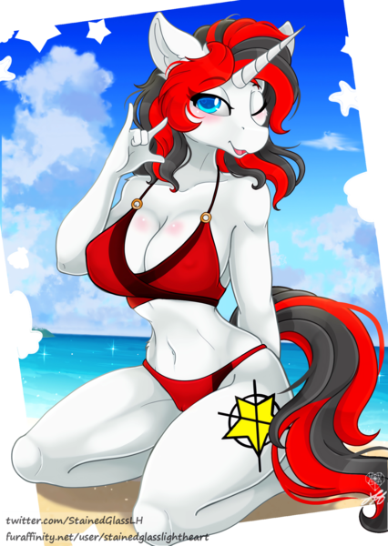 Size: 3546x5000 | Tagged: suggestive, artist:stainedglasslighthea, derpibooru import, oc, oc:starforce fireline, unofficial characters only, anthro, plantigrade anthro, unicorn, beach, belly button, bikini, breasts, cameltoe, cleavage, clothes, cloud, image, png, sitting, solo, swimsuit, water